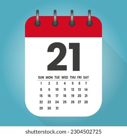 Número 21 - días de calendario de iconos vectoriales. 21 día del mes. Ilustración de estilo plano. Fecha de la semana, mes, año domingo, lunes, martes, miércoles, jueves, viernes, sábado. Fecha de calendario de vacaciones
