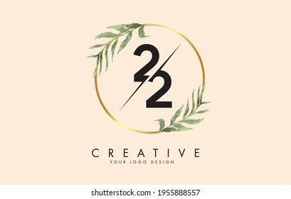Number 22 2 logo design with golden circles and green leaves on branches around. Vector Illustration with number 2 for personal branding, corporate, business, eco friendly or natural products. 