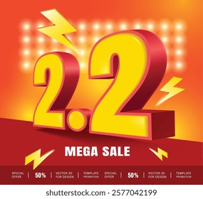 Number 2.2 3D yellow with red edge placed on red-orange background with thunder bolt icon For designing banner and advertisements for mega sale promotion, Second day of the second month Campaign