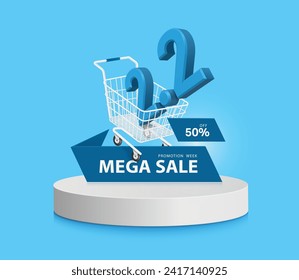 Number 2.2 blue 3d Float in to shopping cart or shopping basket and promotion label Mega sale campaign 50% off in February lying around, all place on a white circular podium or circle platform