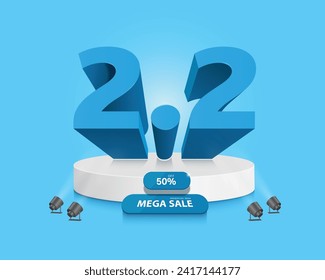 Number 2.2 blue 3D looks like it is extending and rushing forward. And there is a message for a mega sale promotion 50% discount, all place on round podium or circle platform, vector for advertising