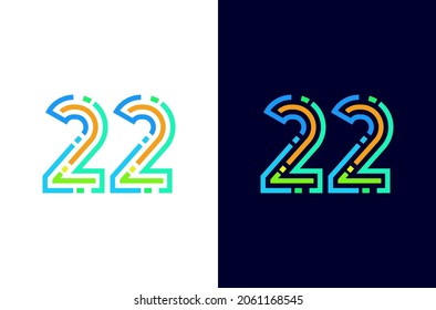 Number 22 line logo with dot square or pixel. Colorful digital icon. Design for technology concept