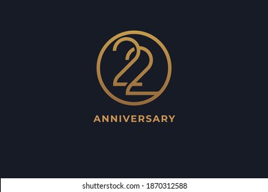 Number 22 logo, gold line circle with number inside, usable for anniversary and invitation, golden number design template, vector illustration