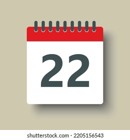 Nummer 22 - Vektorsymbol Kalendertage. 22. Tag des Monats. Illustration flacher Stil. Datum der Woche, Monat, Jahr Sonntag, Montag, Dienstag, Mittwoch, Donnerstag, Freitag, Samstag. Urlaubskalenddatum