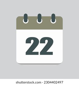 Number 22 - vector icon calendar days. 22th day of the month. Illustration flat style. Date of week, month, year Sunday, Monday, Tuesday, Wednesday, Thursday, Friday, Saturday. Holiday calendare date