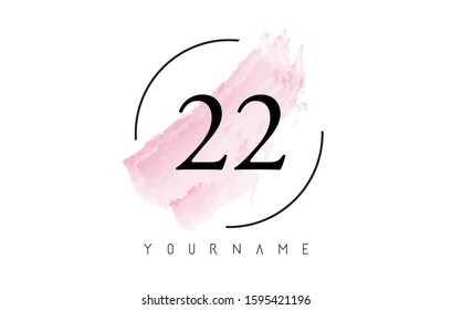 Number 22 Watercolor Stroke Logo with Circular Shape and Pastel Pink Brush Vector Design