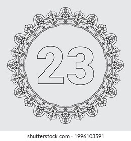 Number 23 with frame mandala coloring book page
