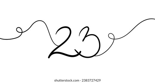 Number 23 line art drawing on white background. 23th birthday continuous drawing contour. Minimal vector illustration