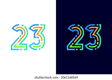 Number 23 line logo with dot square or pixel. Colorful digital icon. Design for technology concept
