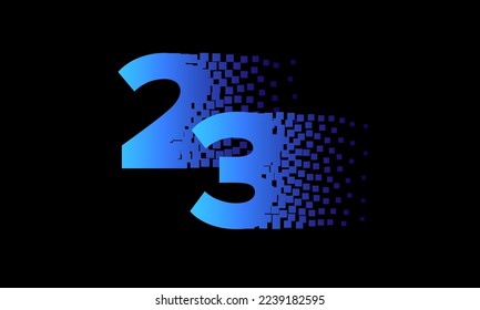 Ilustración moderna vectorial número 23. Grabado digital de píxeles con el número 23. Antecedentes de Año Nuevo 2023 Neon para tecnología, alta tecnología y calendario temático criptodivisa.
