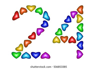 Number 24 of colorful hearts on white. Symbol for happy birthday, event, invitation, greeting card, award, ceremony. Holiday anniversary sign. Multicolored icon. Twenty four in rainbow colors. Vector