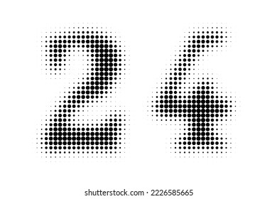 Number 24 Halftone. Pop art style. Halftone dotted backdrop. Design for web banners, wallpaper,sites vector illustration. Abstract Halftone Dotted Number.