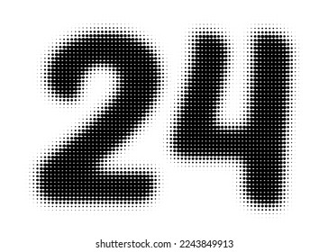 Number 24 Halftone. Pop art style. Design for web banners, wallpaper. Abstract Halftone Dotted Number. Dotted vector illustration isolated on a white background. Hexagon Dot.