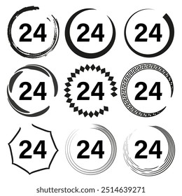 Number 24 icon set. Circular badge designs. Abstract frames with decorative borders. Minimalist vector symbols.