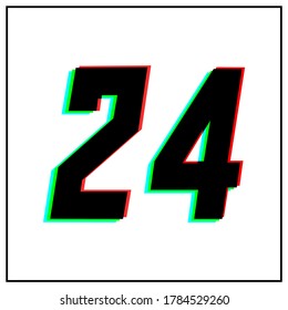 Number 24, twenty four vector desing logo.Dynamic, split-color, shadow of  number red, green, blue in black frame on white background.For social media,design elements, anniversary celebration greeting