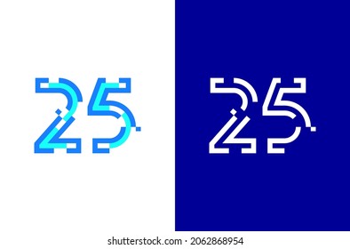 Number 25 digital logo. Numbers design with technology concept. Line logo and pixel