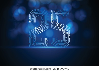 Number 25 formed by electronic circuit lines on a deep blue digital background