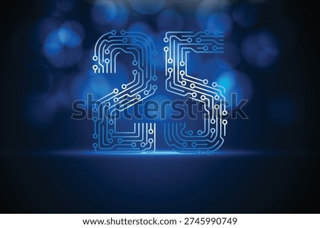 Number 25 formed by electronic circuit lines on a deep blue digital background