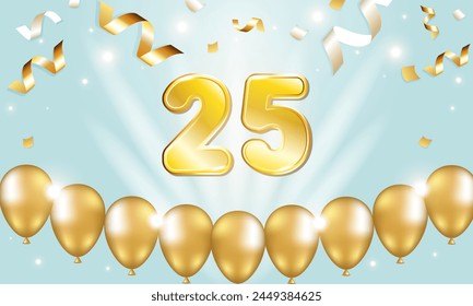 The number 25 in gold on a blue background.  Gold figures and balloons around the figures. Lights and lights. Anniversary celebration.	