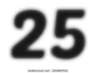 Number 25 Halftone. Pop art style. Design for web banners, wallpaper. Abstract Halftone Dotted Number. Dotted vector illustration isolated on a white background. Hexagon Dot.