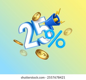 number 25% percentage,gold coins and megaphone loudspeaker flying light blue yellow background. discount, bonus and special offer concept clip art design vector illustration.