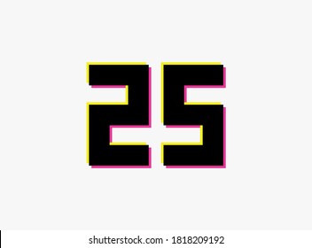 Number 25 vector desing logo. Dynamic, split-color, shadow of  number pink and yellow on white background. For social media,design elements, creative poster, anniversary celebration, greeting and web 