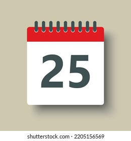 Number 25 - vector icon calendar days. 25th day of the month. Illustration flat style. Date of week, month, year Sunday, Monday, Tuesday, Wednesday, Thursday, Friday, Saturday. Holiday calendare date