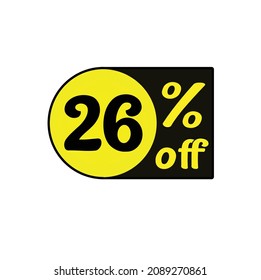 número 26 % de descuento, descuento para tiendas, iconos de descuento para colocar en sitios web de arte amarillo y negro, original