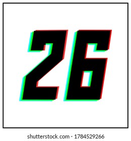 Number 26, twenty six vector desing logo.Dynamic, split-color, shadow of  number red, green, blue in black frame on white background.For social media,design elements, anniversary celebration greeting