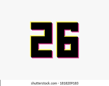Logo de diseño vectorial número 26. Dinámico, de dos colores, sombra del número rosa y amarillo sobre fondo blanco. Para medios sociales, elementos de diseño, afiche creativo, celebración de aniversario, saludo y web 