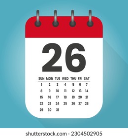 Number 26 - vector icon calendar days. 26th day of the month. Illustration flat style. Date of week, month, year Sunday, Monday, Tuesday, Wednesday, Thursday, Friday, Saturday. Holiday calendare date