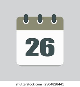 Number 26 - vector icon calendar days. 26th day of the month. Illustration flat style. Date of week, month, year Sunday, Monday, Tuesday, Wednesday, Thursday, Friday, Saturday. Holiday calendare date