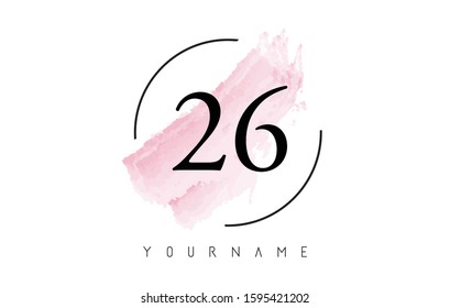 Number 26 Watercolor Stroke Logo with Circular Shape and Pastel Pink Brush Vector Design