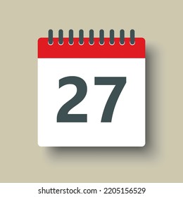 Number 27 - vector icon calendar days. 27th day of the month. Illustration flat style. Date of week, month, year Sunday, Monday, Tuesday, Wednesday, Thursday, Friday, Saturday. Holiday calendare date