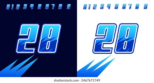 número 28 con efectos de carreras azules, para carreras, deportes, talleres de carreras