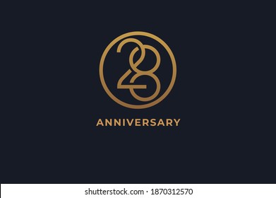 Number 28 logo, gold line circle with number inside, usable for anniversary and invitation, golden number design template, vector illustration