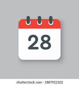 Number 28 - vector icon calendar days. 28th day of the month. Illustration flat style. Date of week, month, year Sunday, Monday, Tuesday, Wednesday, Thursday, Friday, Saturday. Holiday calendare date