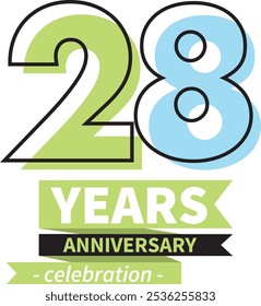 number 28 years anniversary celebration logo style black line with cyan and green color, isolated on white background.