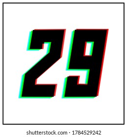 Número 29, veintinueve logo de diseño vectorial.Dinámico, de dos colores, sombra de rojo número, verde, azul en marco negro sobre fondo blanco.Para medios sociales, elementos de diseño, saludo de celebración de aniversario
