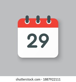 Number 29 - vector icon calendar days. 29th day of the month. Illustration flat style. Date of week, month, year Sunday, Monday, Tuesday, Wednesday, Thursday, Friday, Saturday. Holiday calendare date