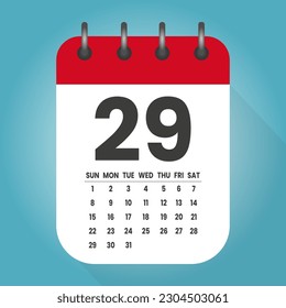 Number 29 - vector icon calendar days. 29th day of the month. Illustration flat style. Date of week, month, year Sunday, Monday, Tuesday, Wednesday, Thursday, Friday, Saturday. Holiday calendare date