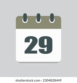 Number 29 - vector icon calendar days. 29th day of the month. Illustration flat style. Date of week, month, year Sunday, Monday, Tuesday, Wednesday, Thursday, Friday, Saturday. Holiday calendare date