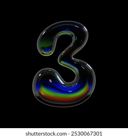 Number 3, 3d balloon bubble three number. Holographic glass inflated shape with rainbow dispersion effect. Isolated vector render sign for Y2K futuristic typography and modern font design projects