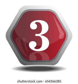 Number 3 in 3D Glossy red Button for web Icon