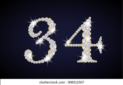 Number 3 and 4 composed from diamonds with golden frame. Complete alphanumeric set.