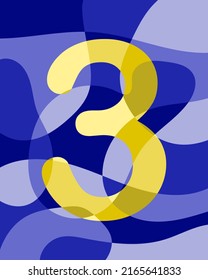 Number 3 of abstract smooth rounded shapes. Contrasting yellow number on a blue background. Vector illustration