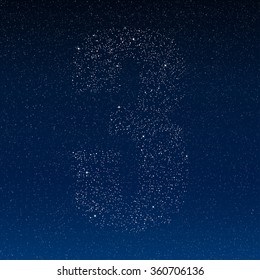Number 3 alphabet with shiny stars, glitters, dots, points dark blue night sky. Numbers for party, birthday, anniversary or festive. Figure shining font, type, typeset of sparkles. Vector template.