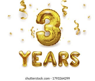 Number 3 birthday celebration gold foil helium balloon with presents. 3D Render. Number 3 foil balloon. Tree-year anniversary background