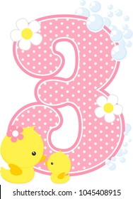number 3 with bubbles and cute rubber duck isolated on white. can be used for baby girl birth announcements, nursery decoration, party theme or birthday invitation. Design for baby girl