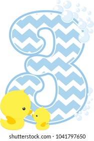 number 3 with bubbles and little baby rubber duck isolated on white background. can be used for baby boy birth announcements, nursery decoration, party theme or birthday invitation